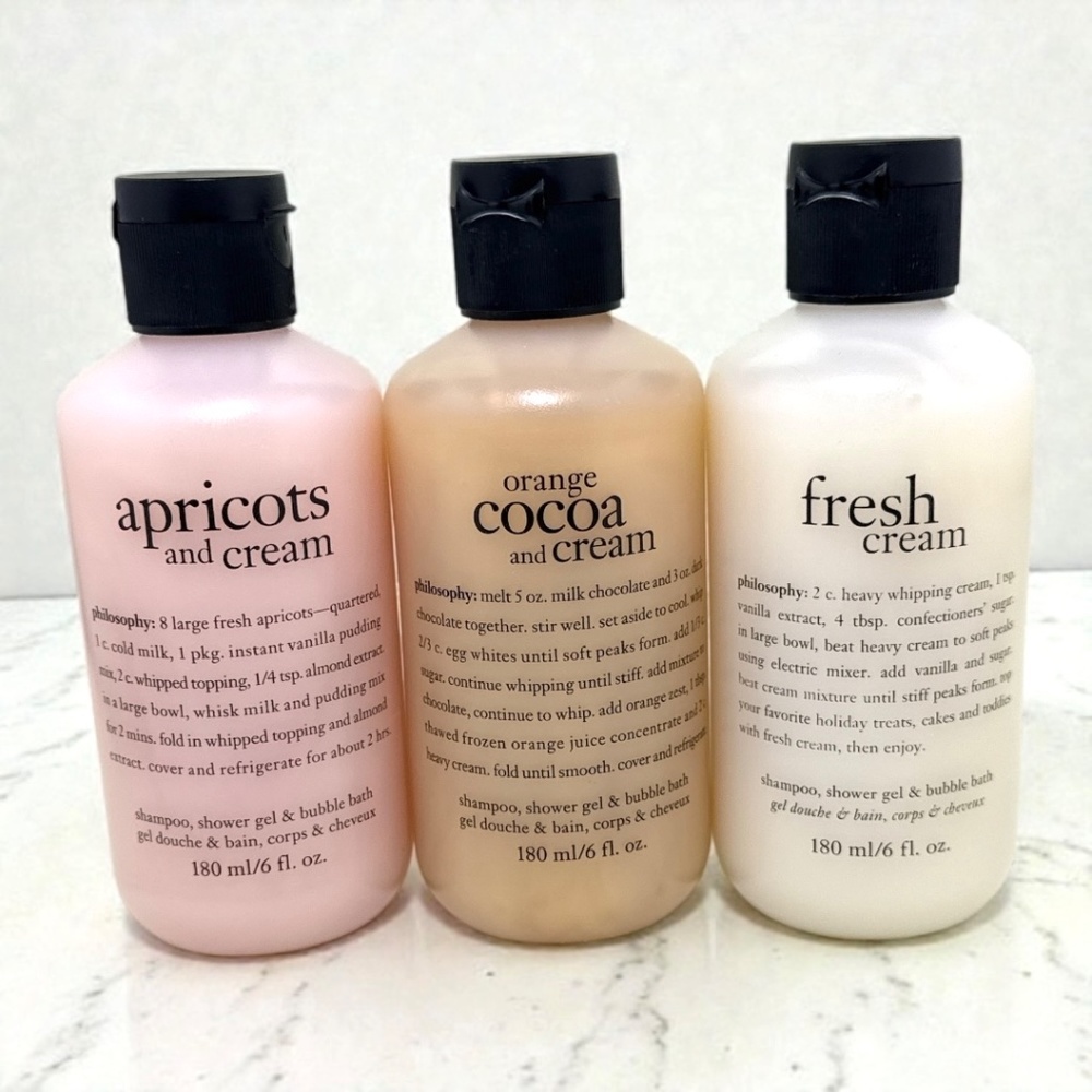 NWT Philosophy Shower Gel Trio Fresh Cream Apricots & Cream Orange Cocoa 6 oz